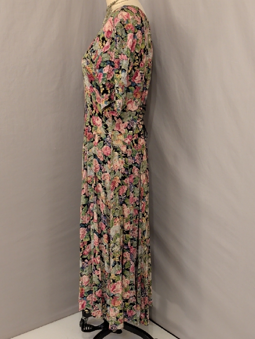 Floral Scoop Neck Midi Dress Pink Floral Vintage Starina Lace Up Back Button Frt - Picture 3 of 11
